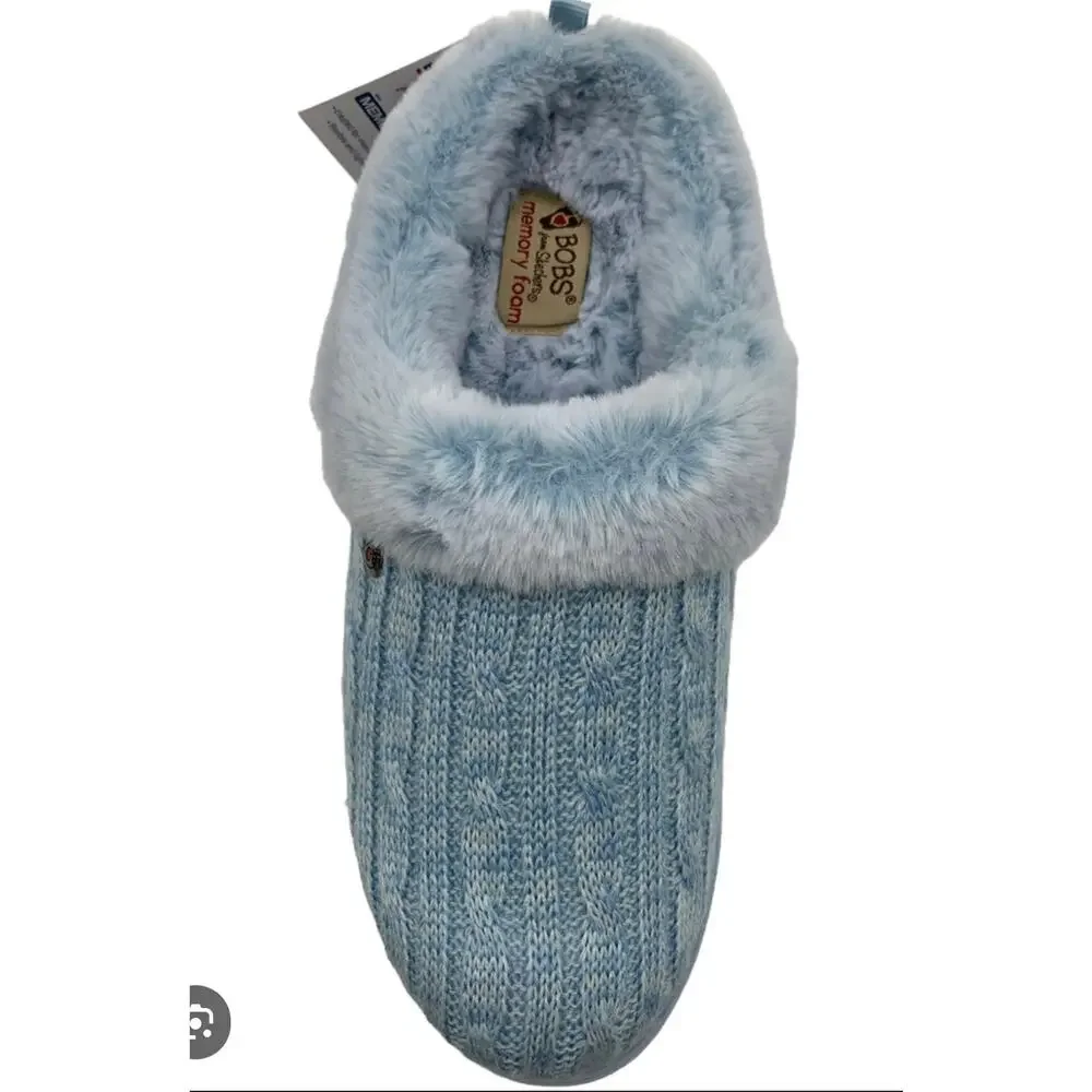 Skecher’s Bobs Keepsakes Sweater Knit Faux Fur Slippers Ice Angel EUC df1